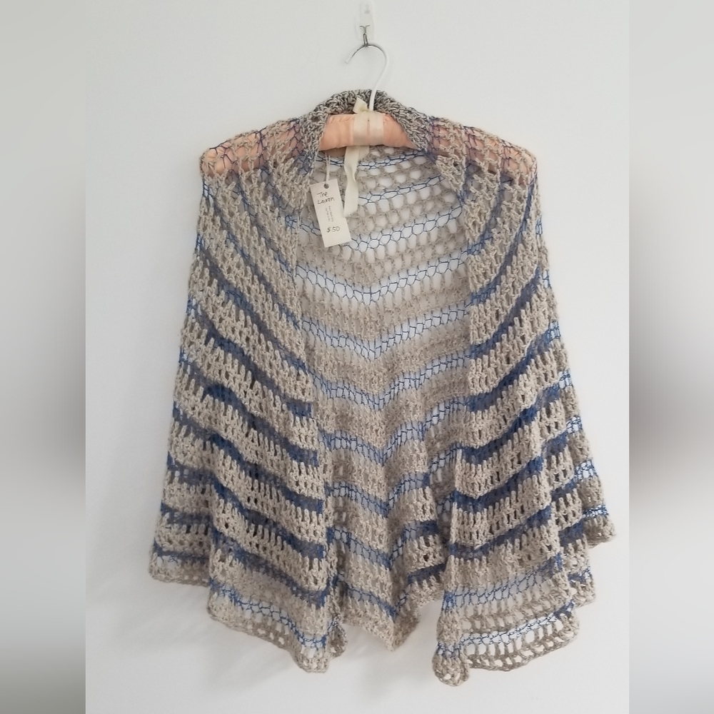 Hand crochet two color open work half circle shawl
